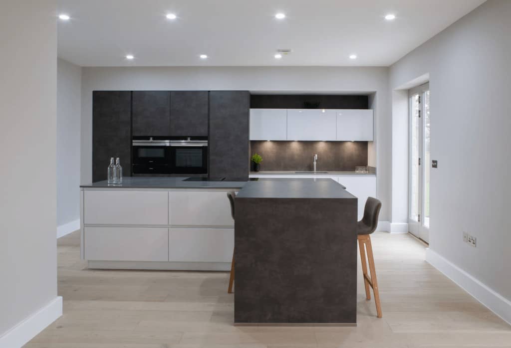 Super white & dark cement handleless kitchen